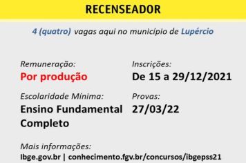 IBGE abre vagas para recenseador  no município de Lupércio